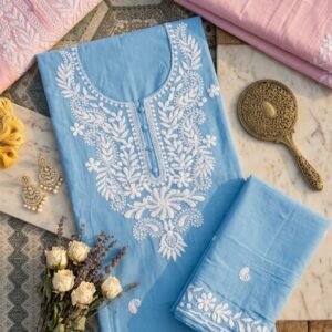 Chikankari Unstitched Cotton Suit Set with Embroidered Dupatta