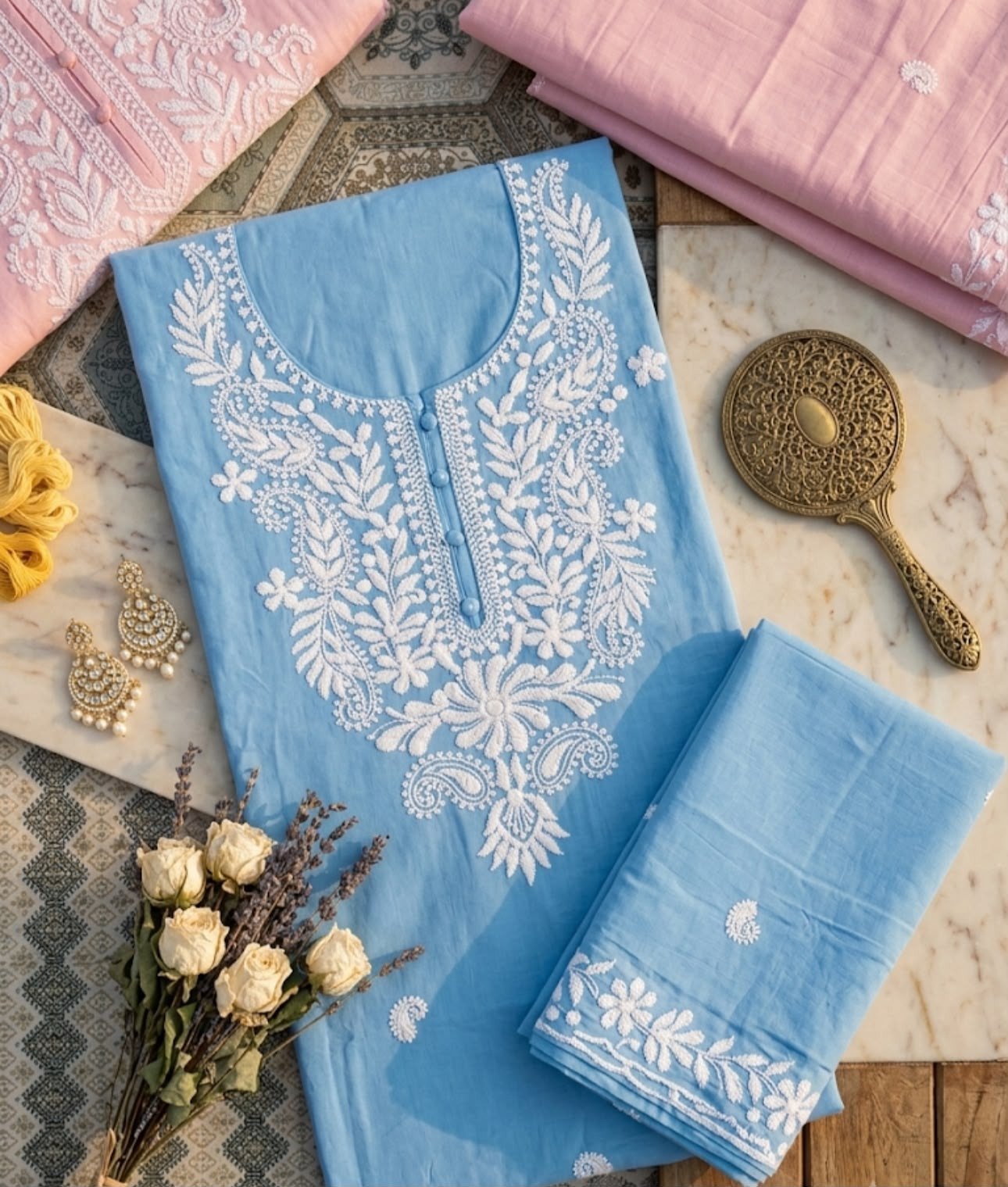 Chikankari Unstitched Cotton Suit Set with Embroidered Dupatta