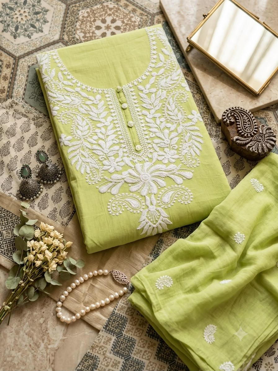 Chikankari Unstitched Cotton Suit Set with Embroidered Dupatta